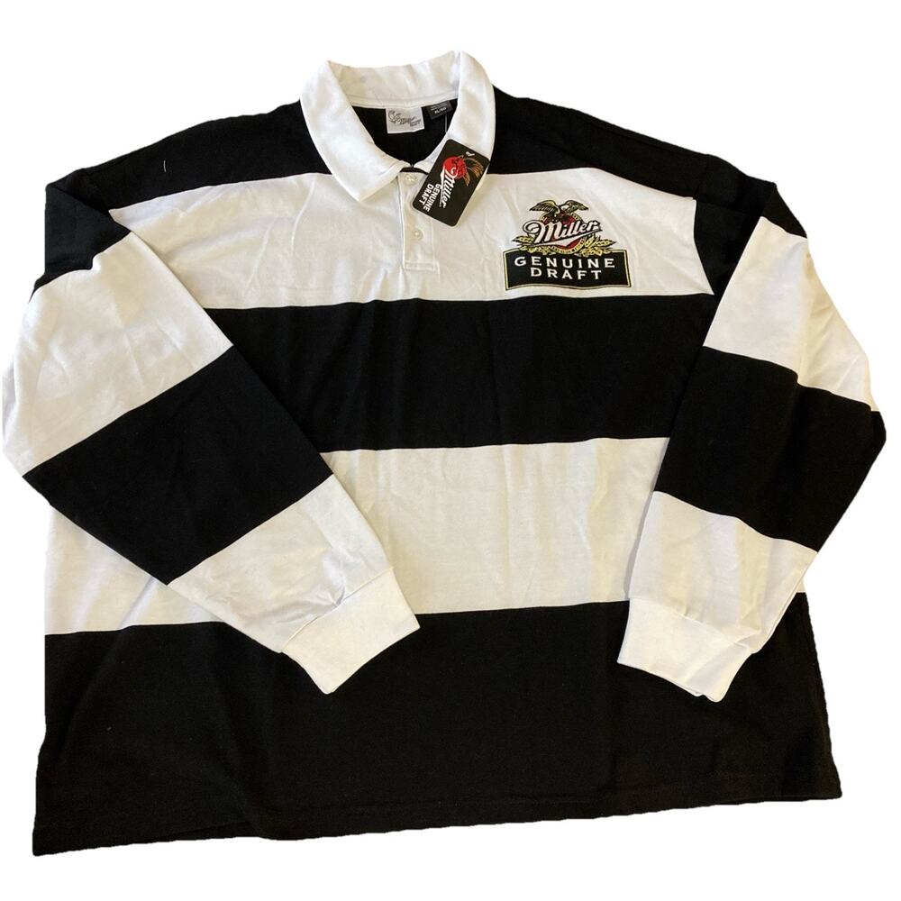 Miller Lite Rugby Polo Men’s Sz M New Black White Striped Abercrombie & Finch‎